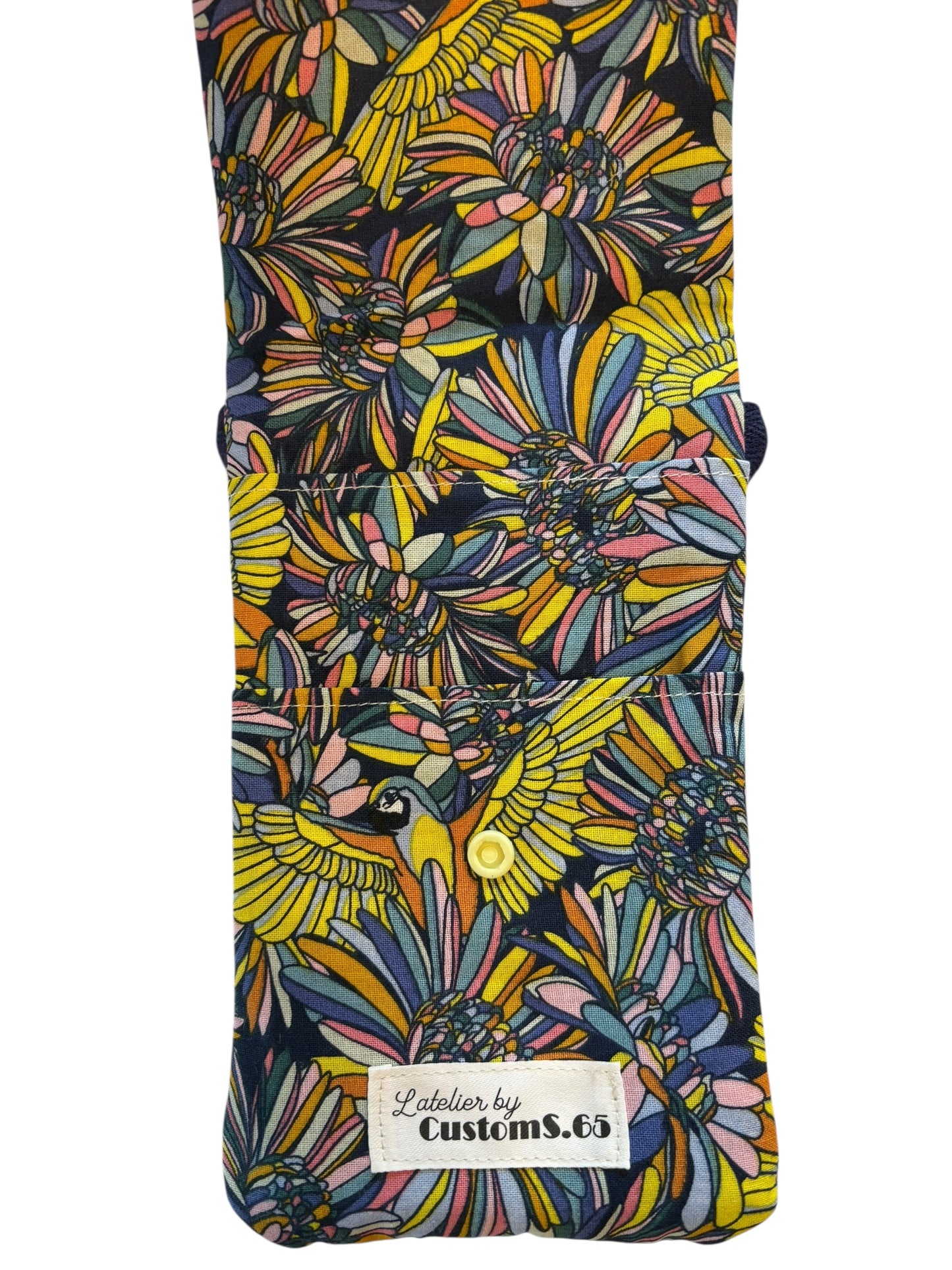 Pochette téléphone rabat pailleté rose intérieur fleuri sangle bleue