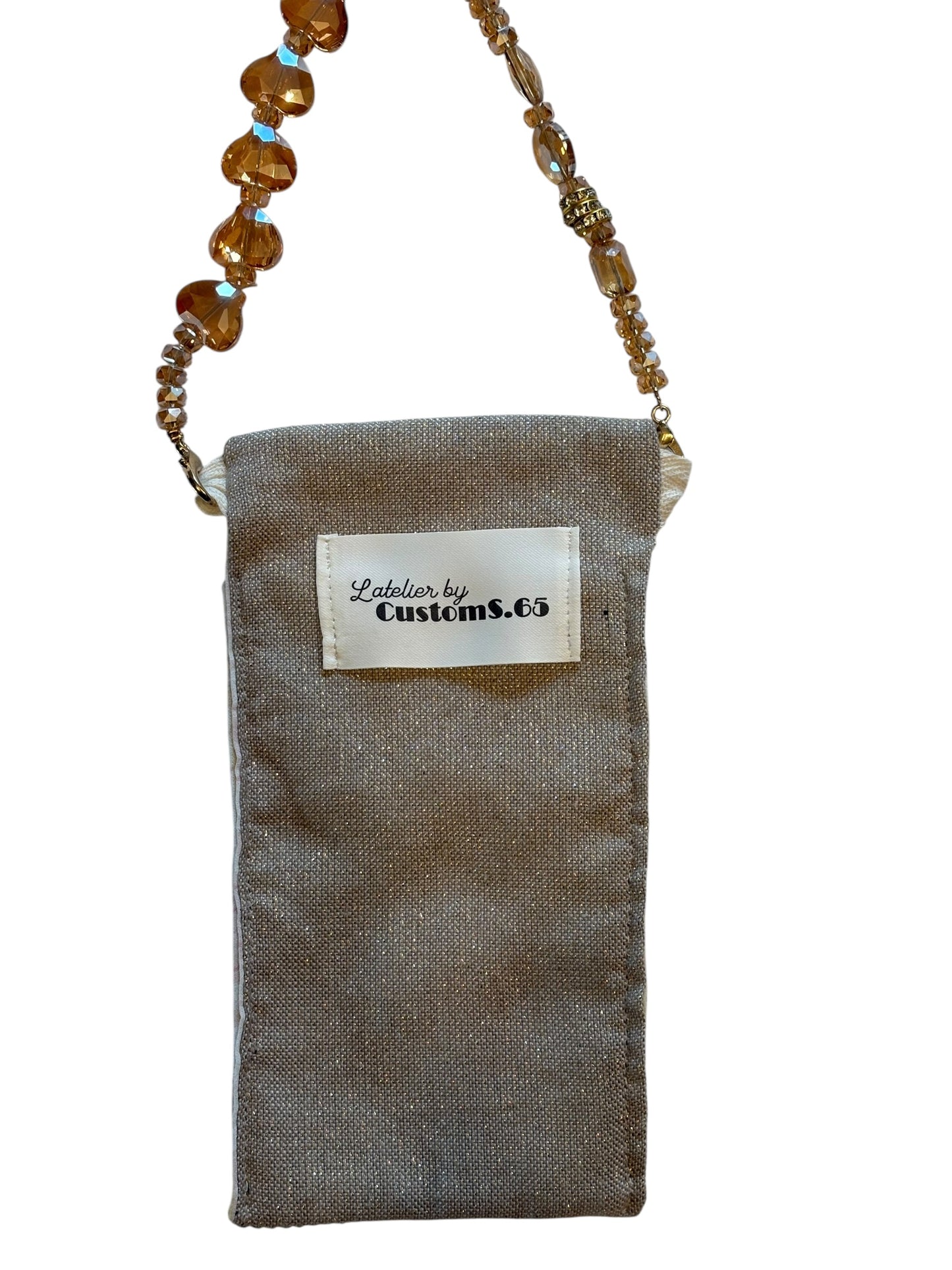 Pochette téléphone rabat beige intérieur velour côtelé vert sangle bijou ambrée