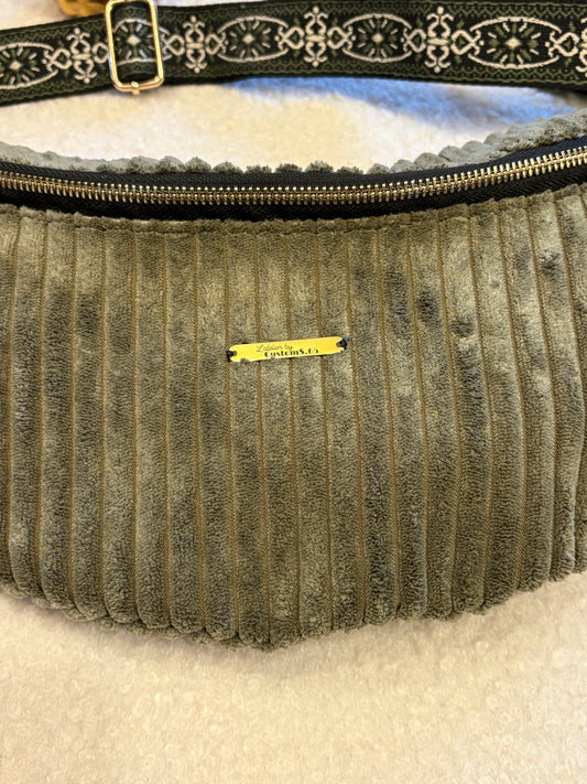 Sac banane XXL velour côtelé (large côte) kaki sangle noire/kaki