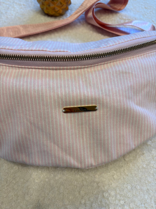 Sac banane XXL coton rayé blanc et rose sangle unie rose