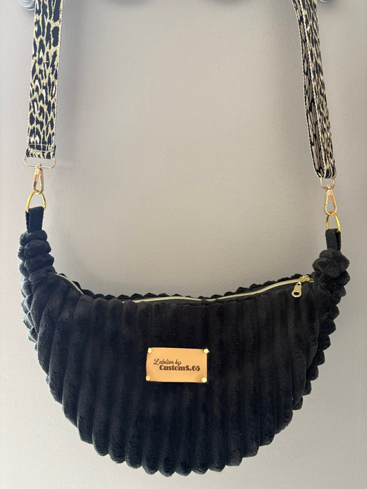 Sac demi-lune noir sangle léopard noir/doré