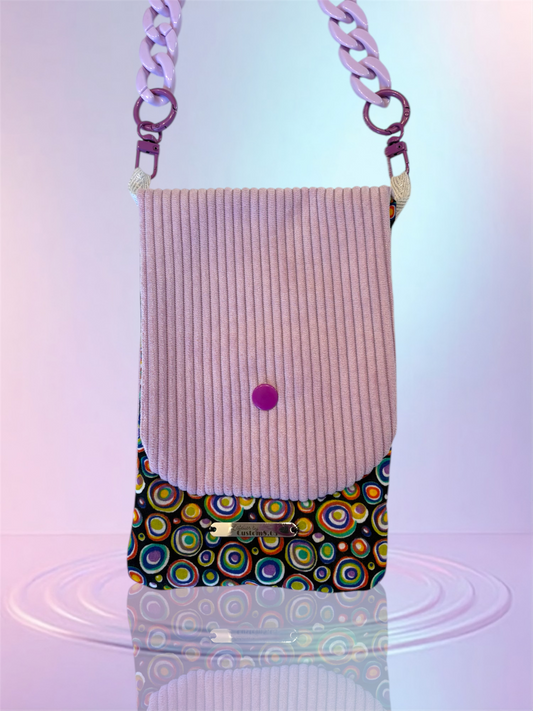 Pochette téléphone rabat velour côtelé parme intérieur psychédélique sangle parme