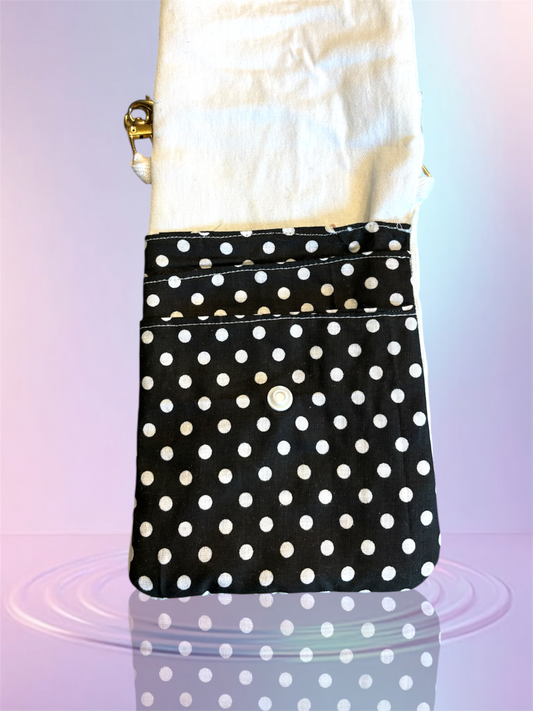 Pochette téléphone rabat velour blanc pochette noire a pois blanc