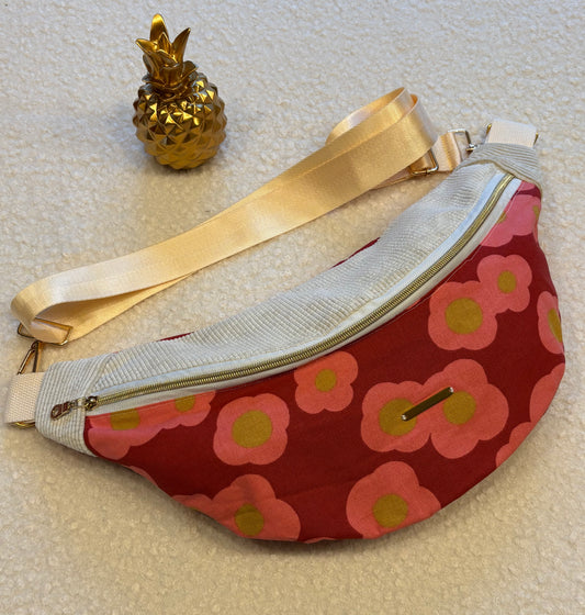 Sac banane XXL fleuri rouge capot velour côtelé (trés large côte) écru sangle unie écru