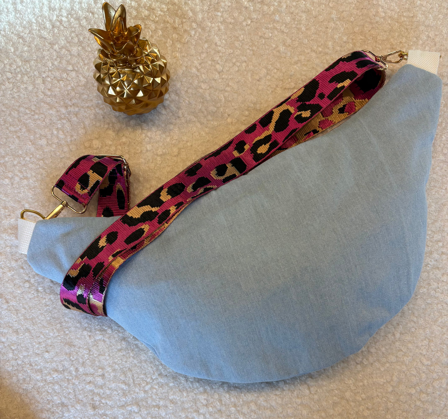 Sac banane XXL jean clair capot léopard rose sangle léopard rose