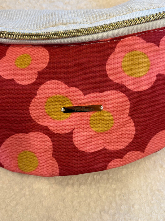 Sac banane XXL fleuri rouge capot velour côtelé (trés large côte) écru sangle unie écru