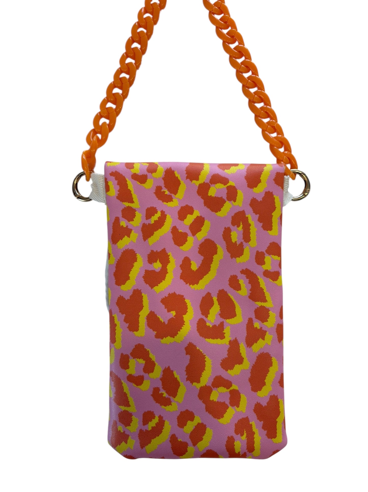 Pochette téléphone rabat léopard rose/orange intérieur beige sangle orange