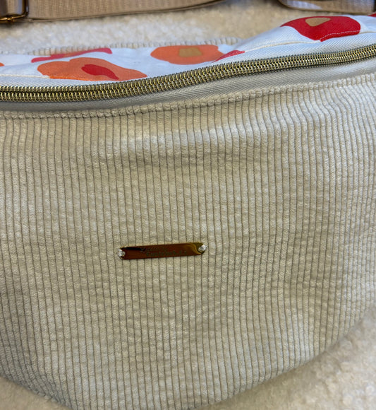 Sac banane XXL velour côtelé (fine côte) écru capot fleuri sangle unie écru