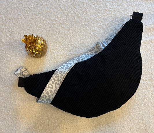 Sac banane XXL velour côtelé noir capot argenté sangle léopard grise