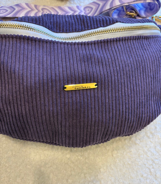 Sac banane XXL velour côtelé (fine côte) violet sangle coeur violette/blanche