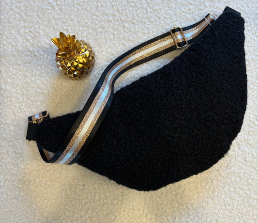 Sac banane XXL moumoute noire sangle noire et dorée