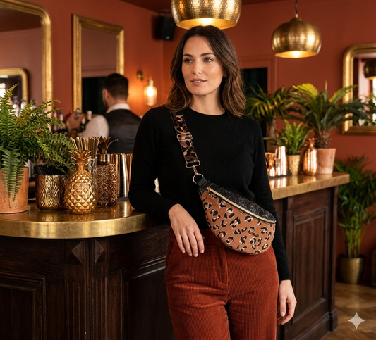 Sac banane XXL velour côtelé léopard capot noir pailleté sangle léopard