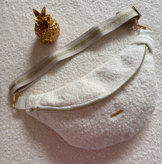 Sac banane XXL moumoute blanche sangle beige/dorée