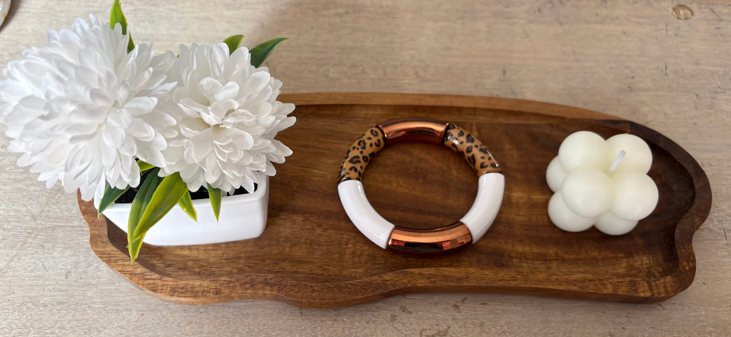 Bracelet tubulaire léopard blanc et bronze