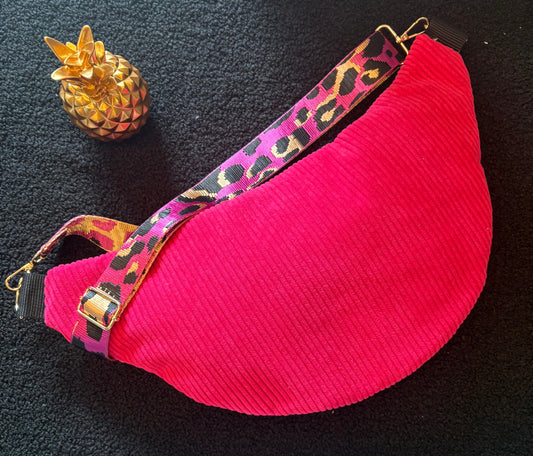 Sac banane XXL velour fine côte fushia capot doré sangle léopard