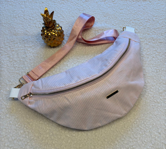 Sac banane XXL coton rayé blanc et rose sangle unie rose
