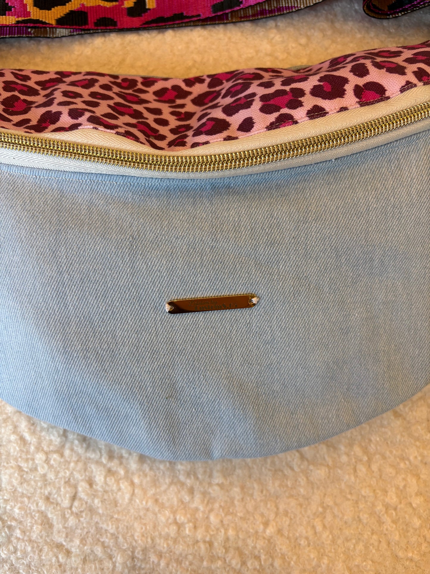 Sac banane XXL jean clair capot léopard rose sangle léopard rose