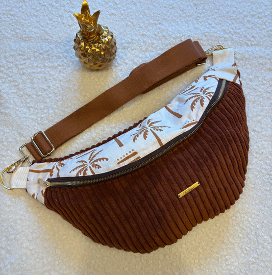 Sac banane XXL velour côtelé (large côte) camel capot palmier sangle uni marron