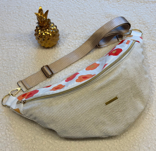 Sac banane XXL velour côtelé (fine côte) écru capot fleuri sangle unie écru