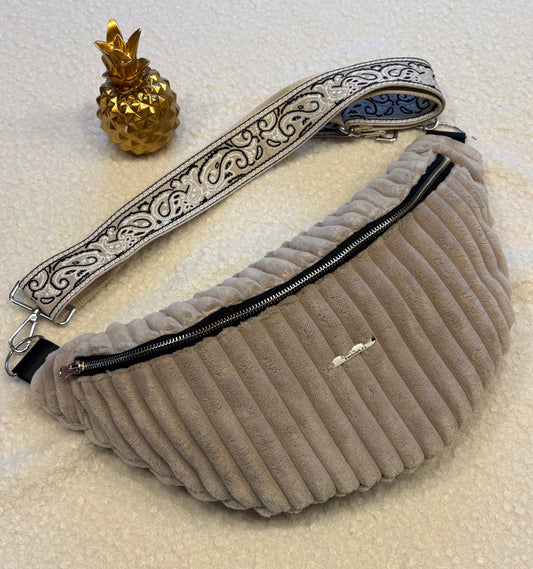 Sac banane XXL velour côtelé (trés large côte) beige sangle noire/beige