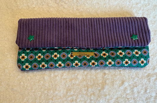 Portefeuille tissu fleuri rabat velour côtelé violet