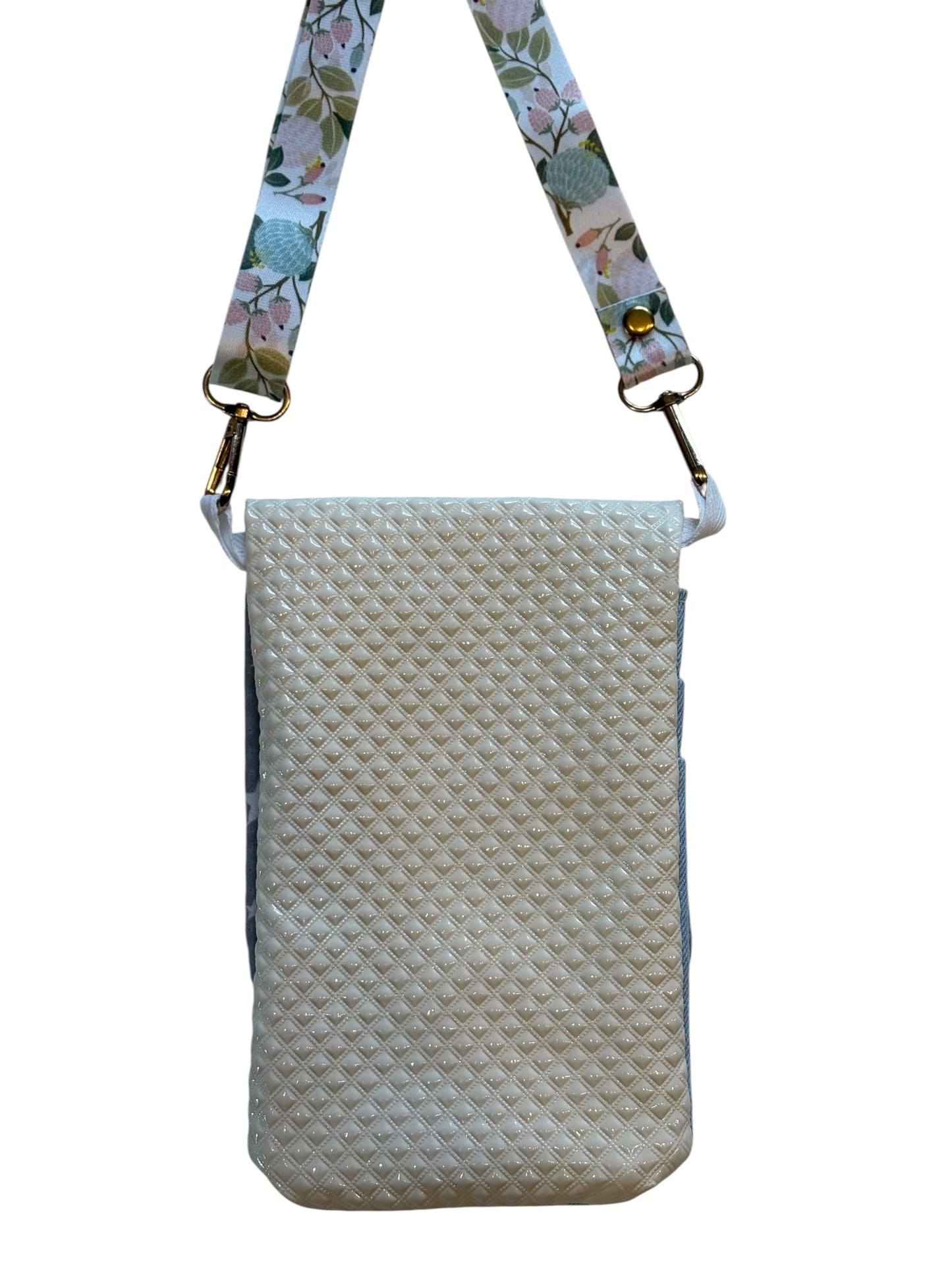 Pochette téléphone rabat blanc à relief intérieur jean sangle tissu fleuri