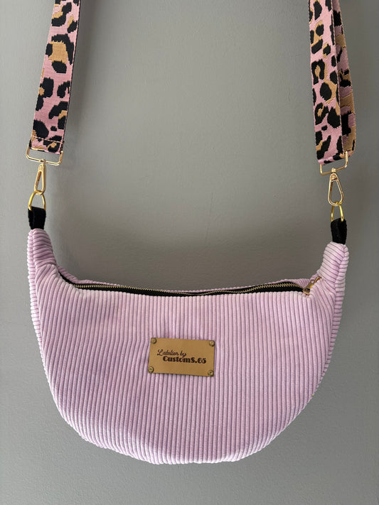 Sac demi-lune velour côtelé rose sangle léopard rose