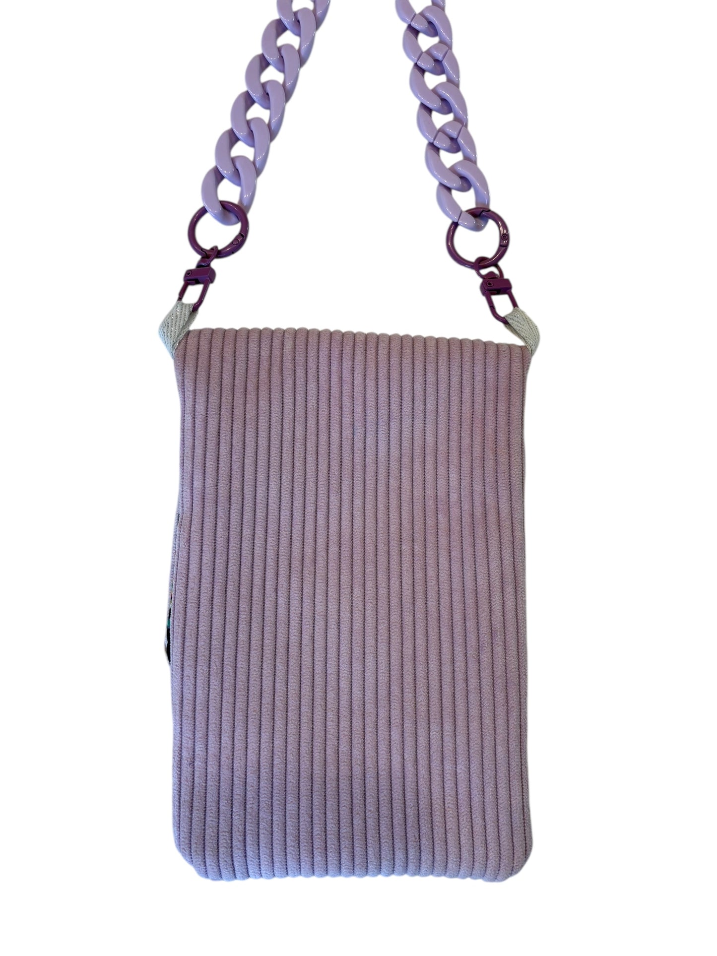 Pochette téléphone rabat velour côtelé parme intérieur psychédélique sangle parme