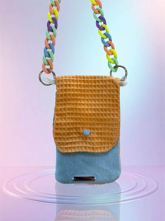Pochette téléphone rabat nid d'abeille orange intérieur jean sangle multicolore