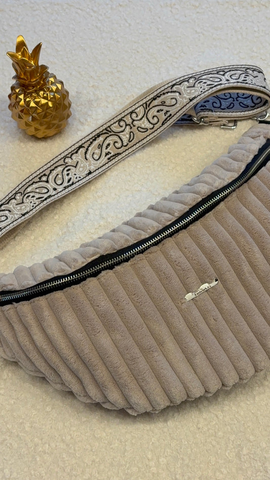 Sac banane XXL velour côtelé (trés large côte) beige sangle noire/beige
