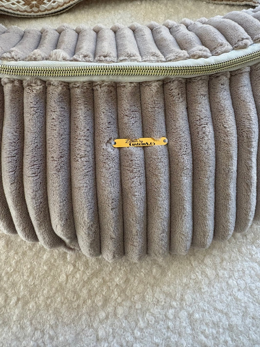 Sac banane XXL velour côtelé (trés large côte) beige sangle géométrique