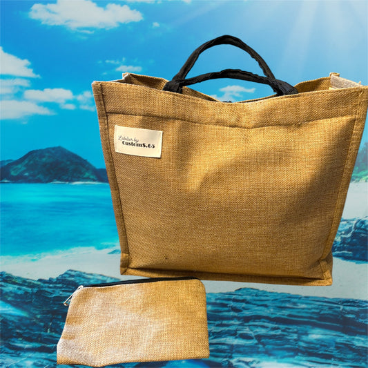 Sac Cabas toile de jute + pochette 'BEACH'