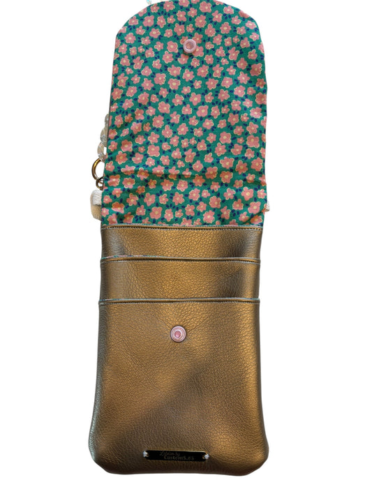 Pochette téléphone rabat simili cuir bronze intérieur simili cuir bronze sangle transparente