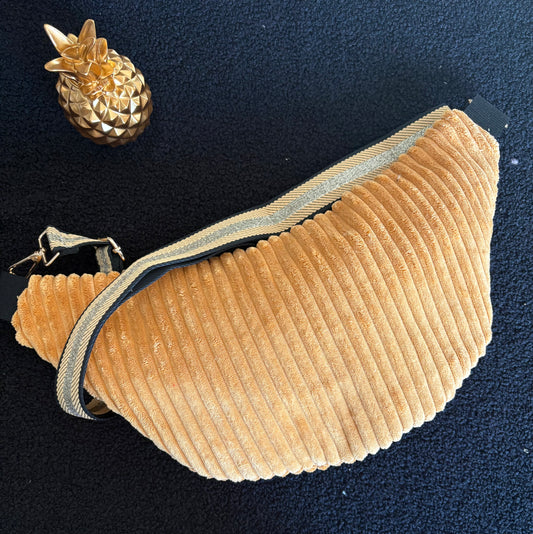 Sac banane XXL velour grosse côte moutarde capot noir pailleté