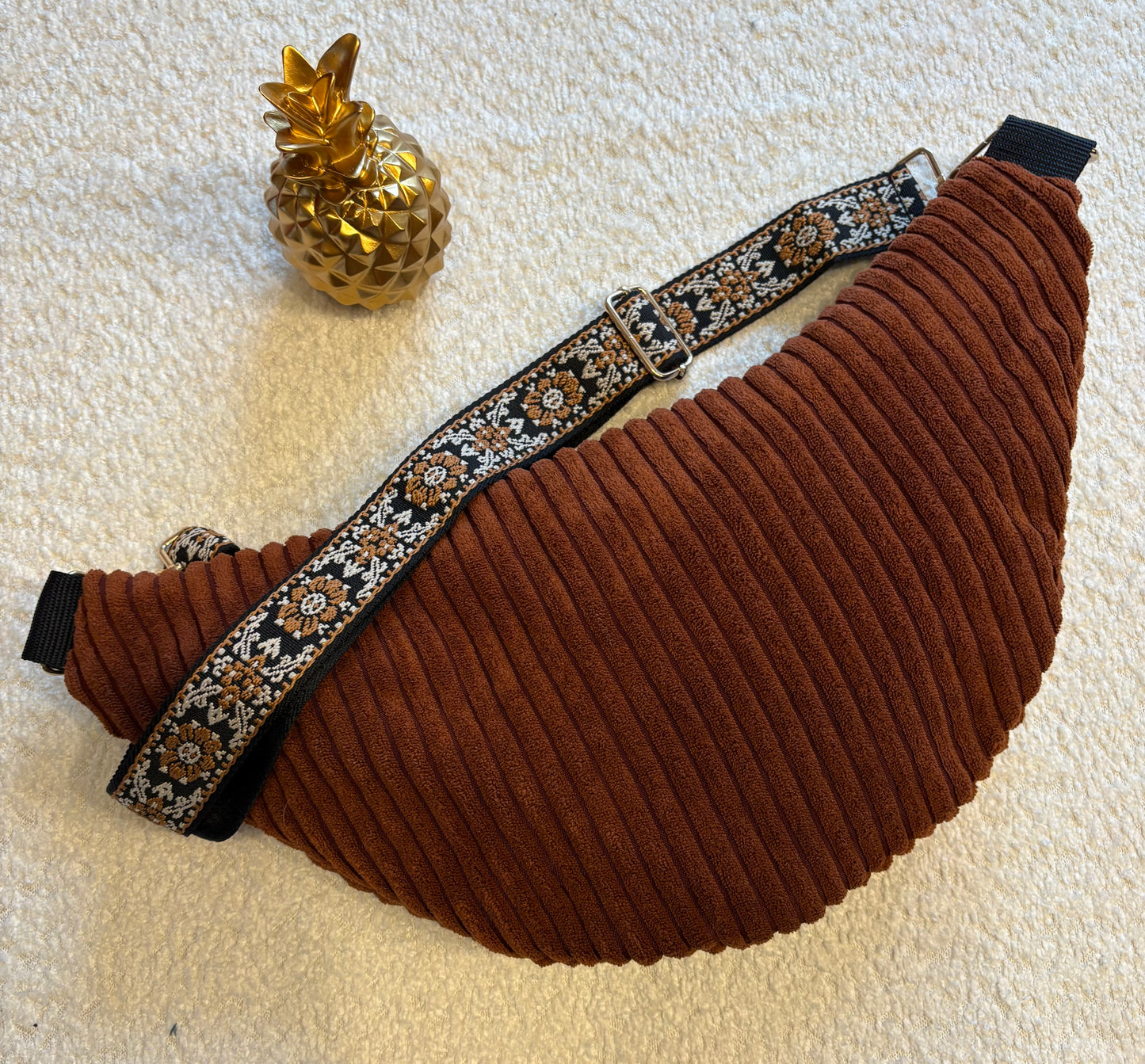 Sac banane fine côte brique capot noir pailleté sangle marron/noire