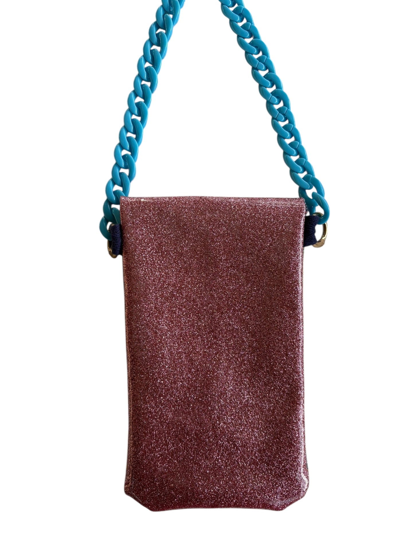 Pochette téléphone rabat pailleté rose intérieur fleuri sangle bleue