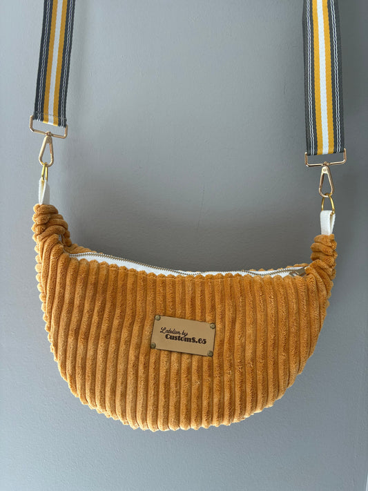 Sac demi-lune velour côtelé moutarde sangle noire et jaune