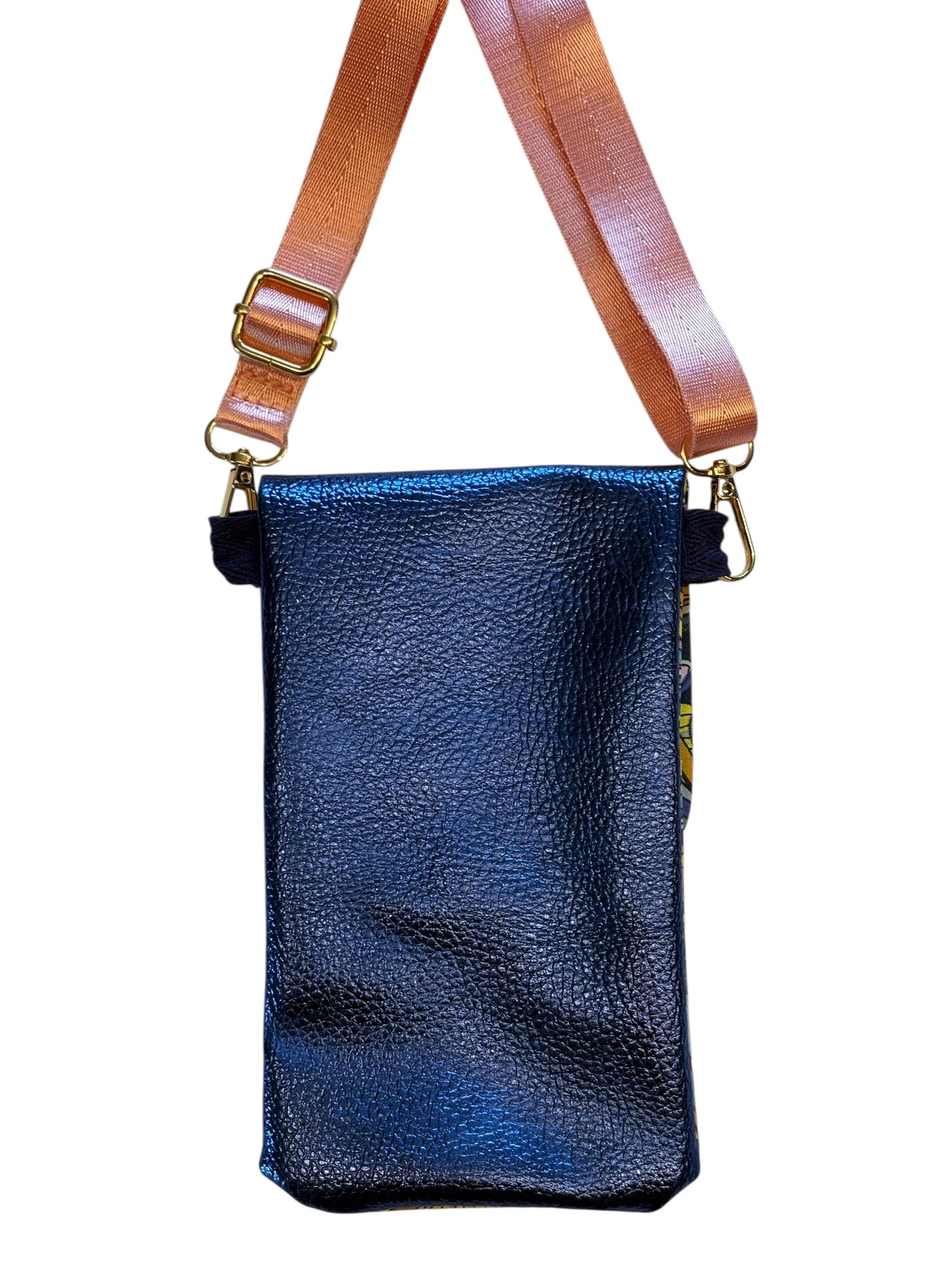 Pochette téléphone rabat pailleté bleu intérieur fleuri sangle tissu rose