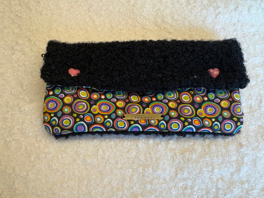 Portefeuille tissu psychédélique rabat moumoute noir