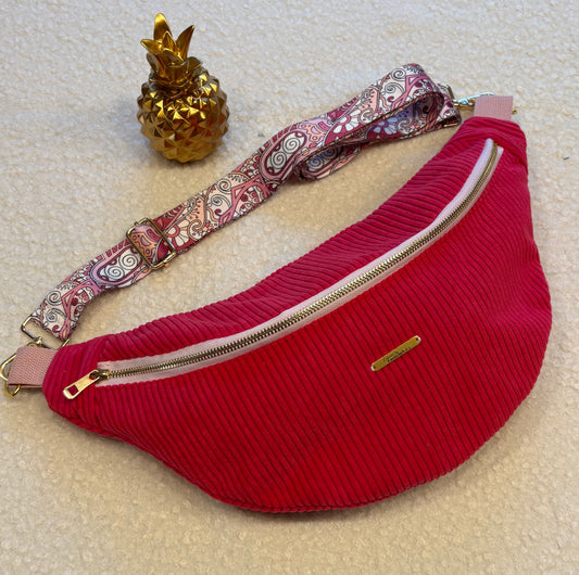Sac banane XXL velour côtelé (fine côte) rose fuschia sangle fleurie rose