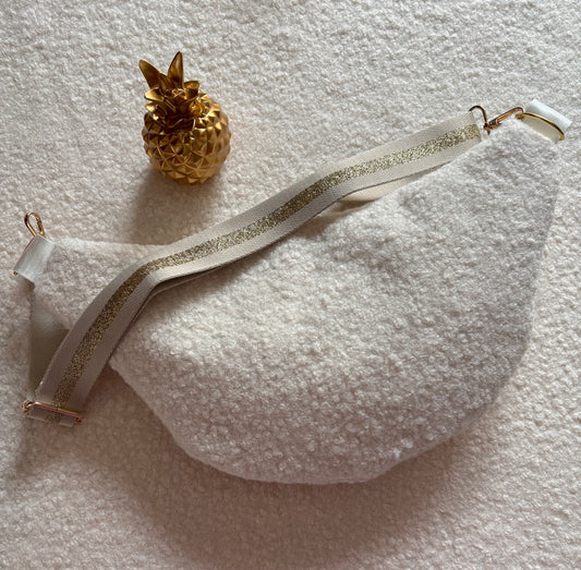 Sac banane XXL moumoute blanche sangle beige/dorée