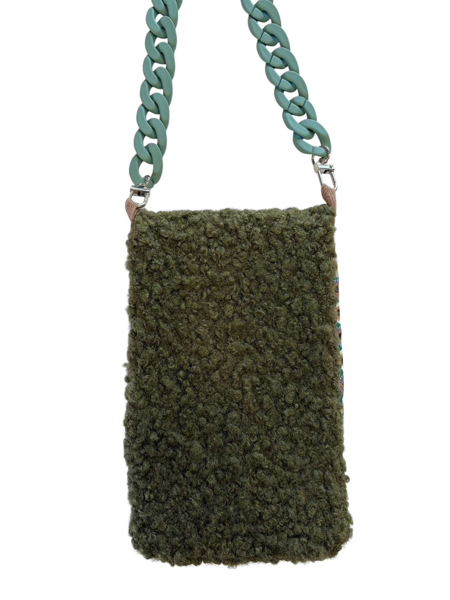 Pochette téléphone rabat moumoute kaki intérieur fleuri sangle verte