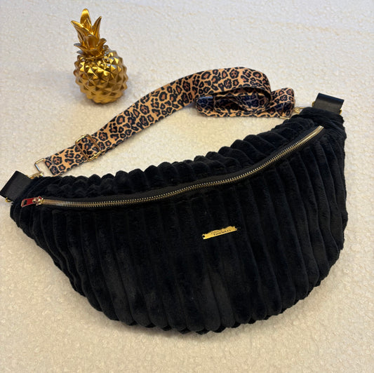 Sac banane XXL velour côtelé (trés large côte) noir sangle léaopard