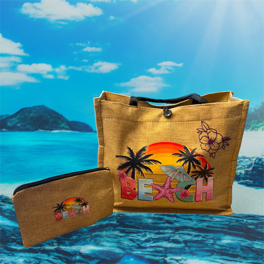 Sac Cabas toile de jute + pochette 'BEACH'