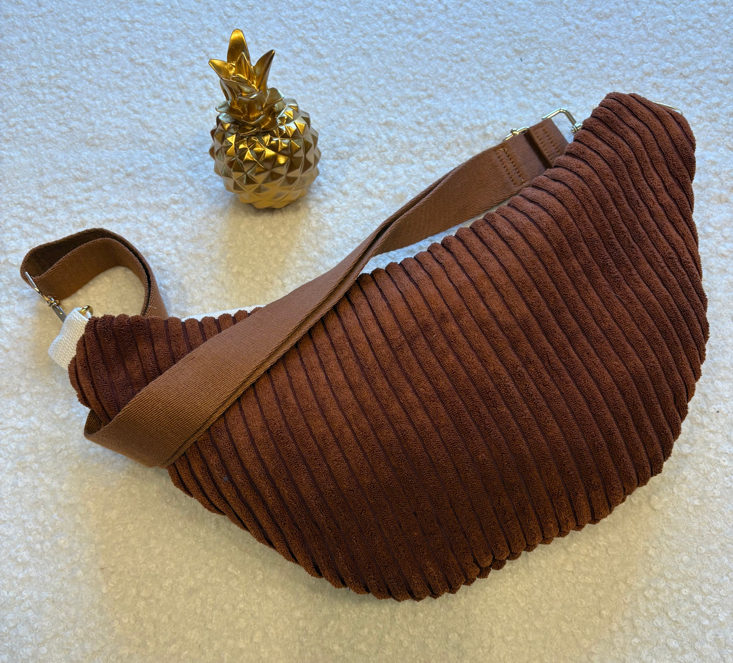 Sac banane XXL velour côtelé (large côte) camel capot palmier sangle uni marron