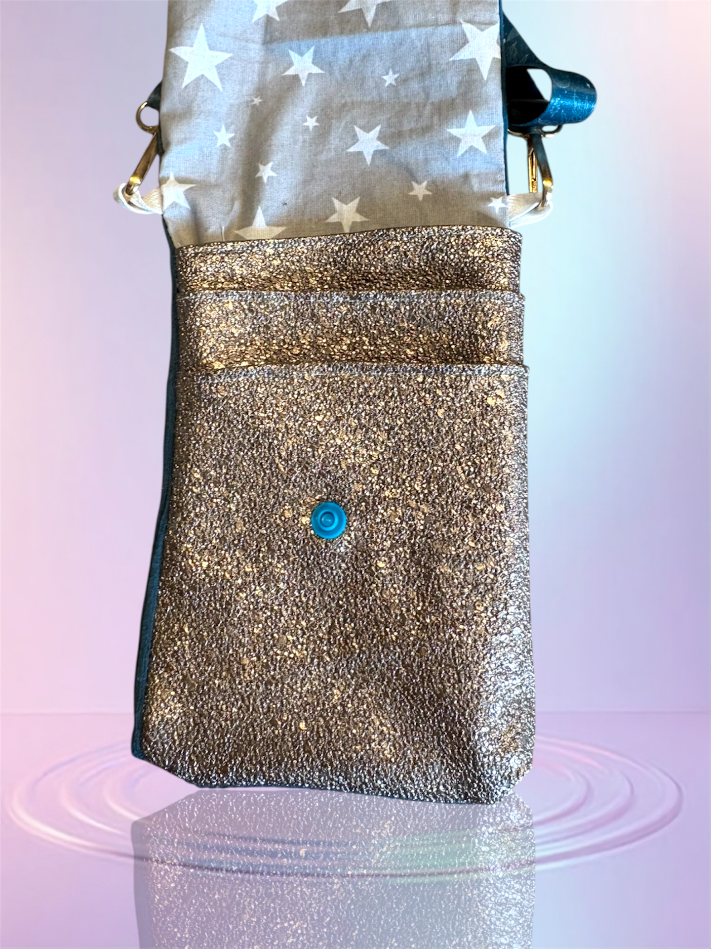 Pochette téléphone rabat velour bleu canard pochette bronze