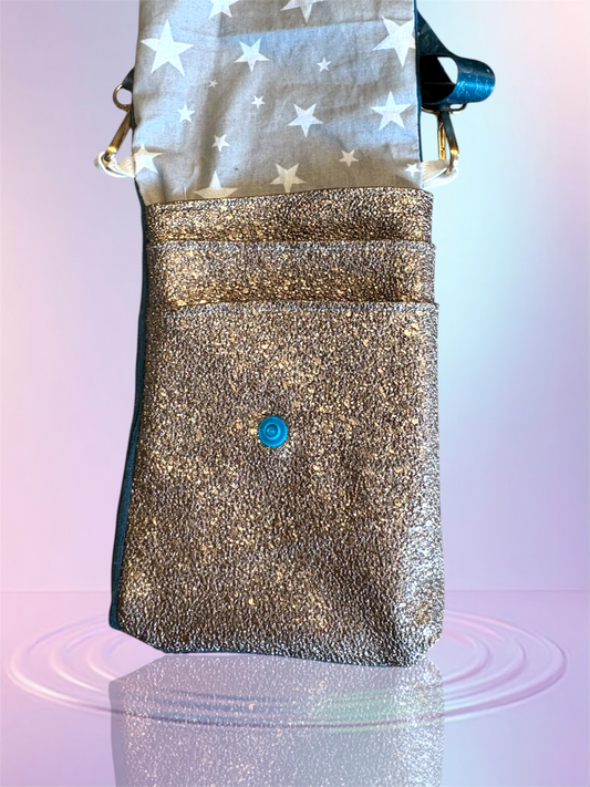 Pochette téléphone rabat velour bleu canard pochette bronze