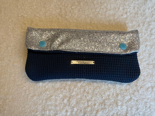 Portefeuille tissu bleu marine rabat simili cuir argenté