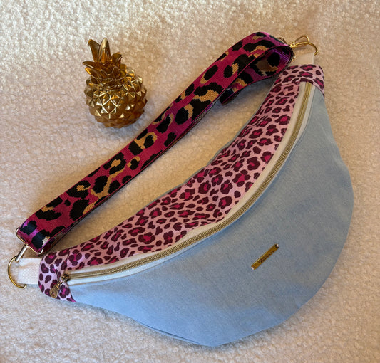 Sac banane XXL jean clair capot léopard rose sangle léopard rose