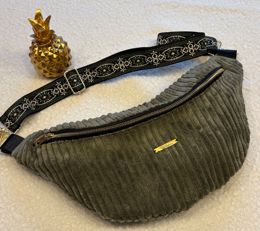 Sac banane XXL velour côtelé (large côte) kaki sangle noire/kaki